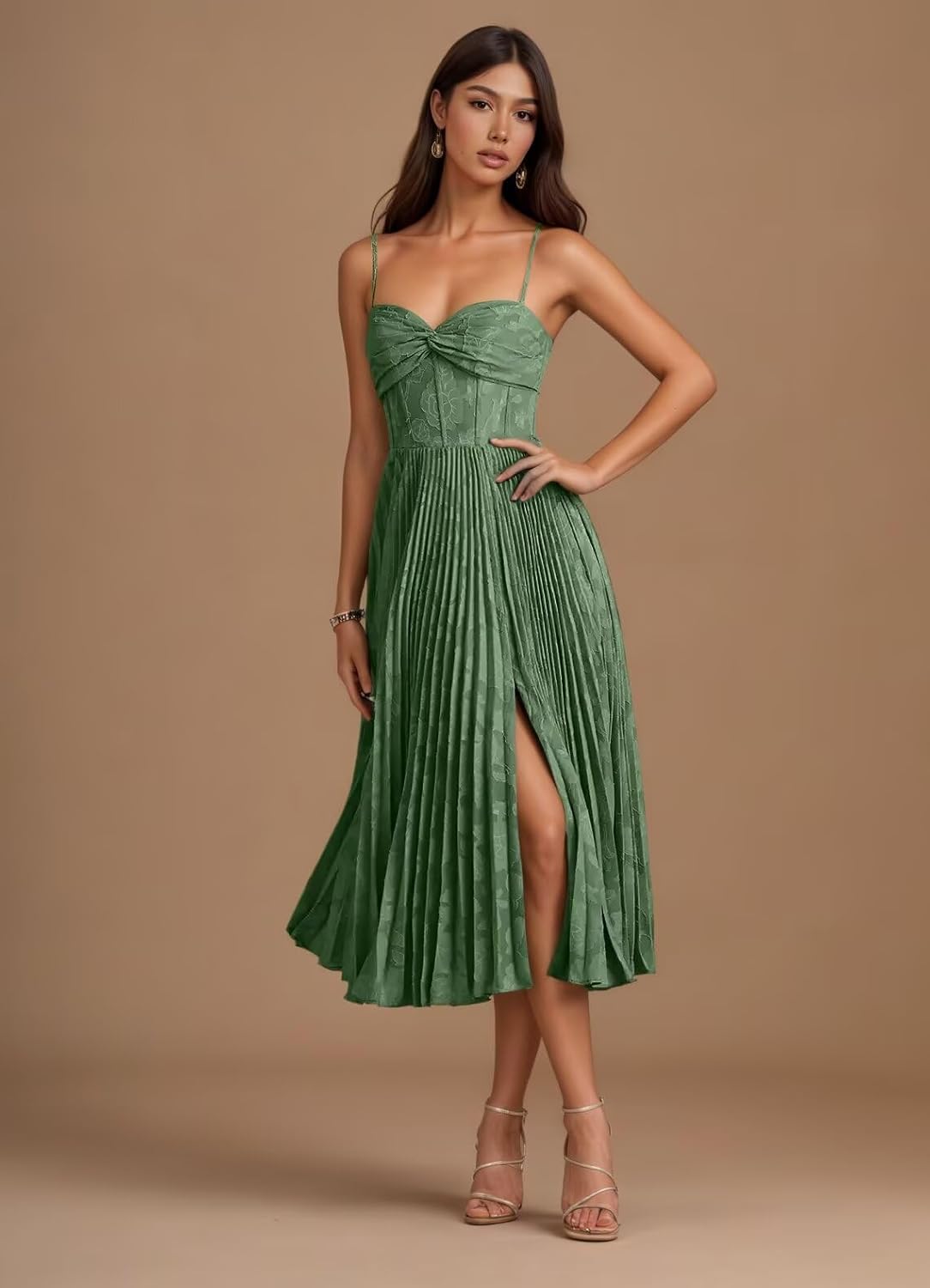 Floral Satin Midi Wedding Guest Dresses Pleated Tea Length Formal Evening Party Gowns - Image 4