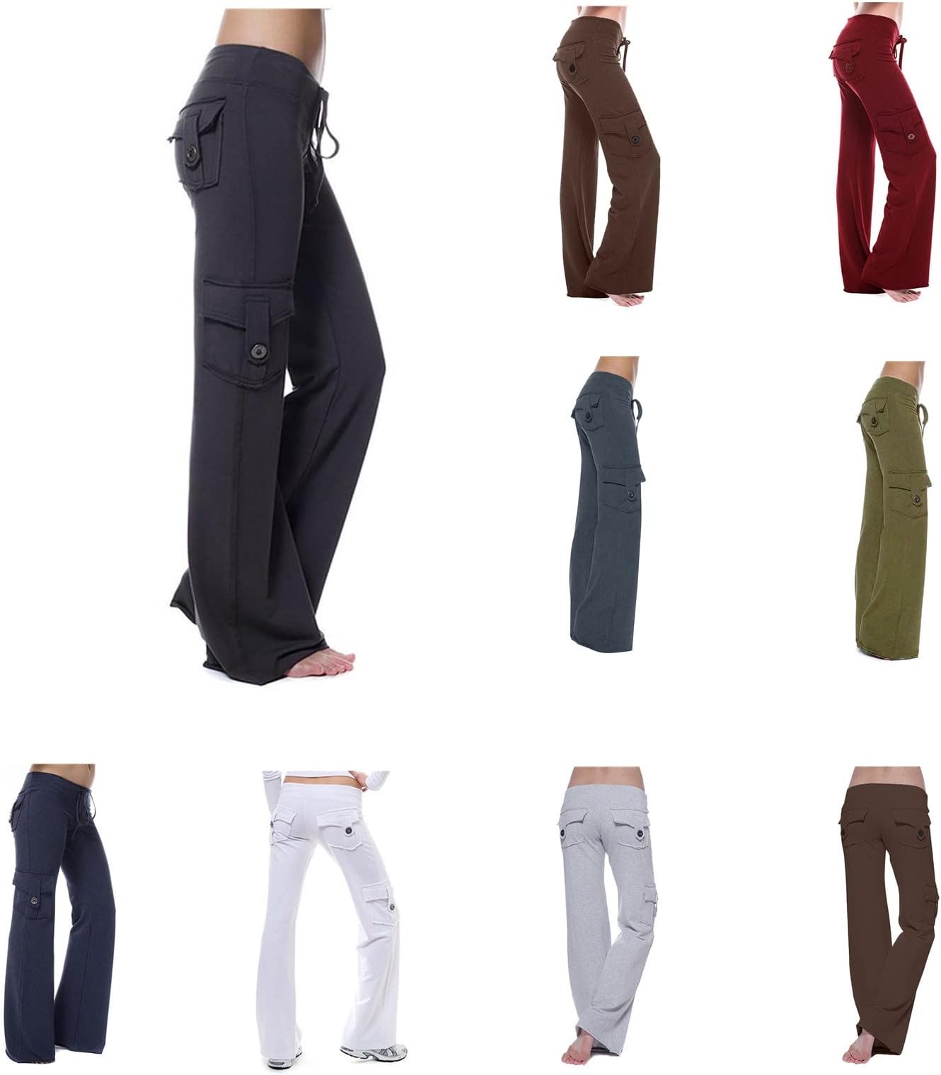 Women's Cargo Pants High Waist Casual Wide Leg Trousers with Pockets Button Stretch Gym Sweatpants with Drawstring