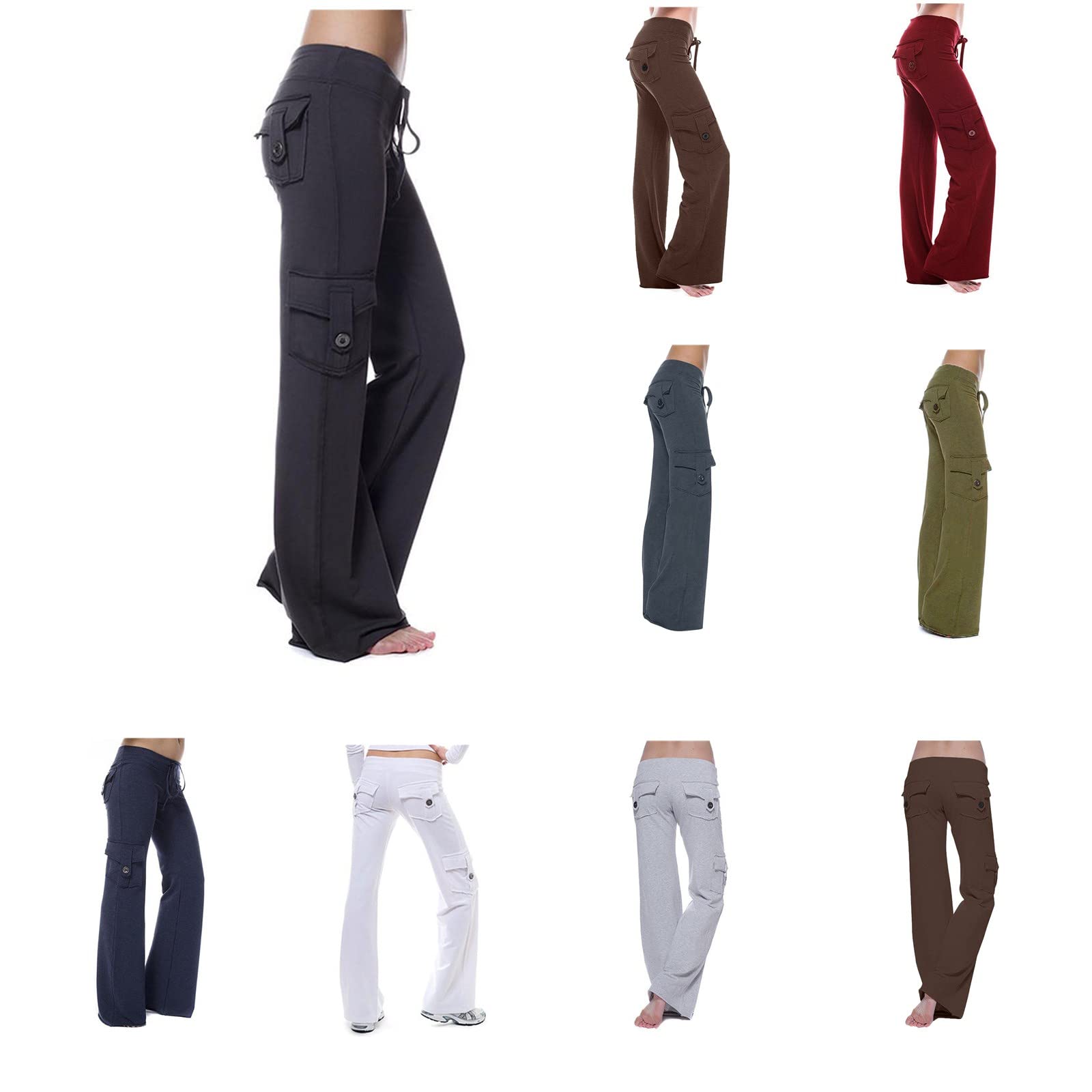 Women's Cargo Pants High Waist Casual Wide Leg Trousers with Pockets Button Stretch Gym Sweatpants with Drawstring