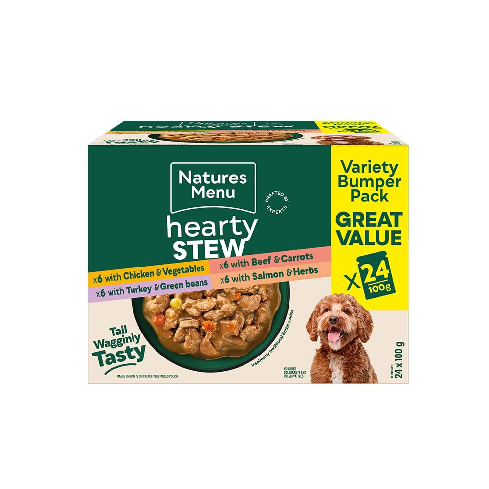 Natures Menu Hearty Stews - Chunks in Gravy Wet Food Pouches for Adult Dogs: Jumbo Pack Multiflavour 24 x 100g