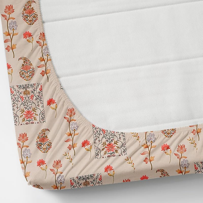 Image of NEW LEAF Premium Cotton Elastic Fitted Bedsheets with 1 Pillow Covers |Printed Single Bed Elastic 220 TC Supersoft Breathable & Wrinklefree | for 72x36+6 Inches, Almond