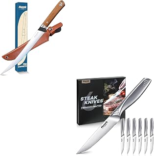 Huusk Serrated Steak Knives Set of 6 Bundle with a Fillet Knife for Fish,Japanese Stainless Steel Steak Knives Set,Sharp Safe Dinner Knife for Kitchen Table with Gift Box