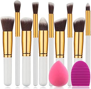 Synthetic Makeup Brush Set with Blender Sponge and Brush Cleaner (10 Plus 2 Pieces, Golden-white)