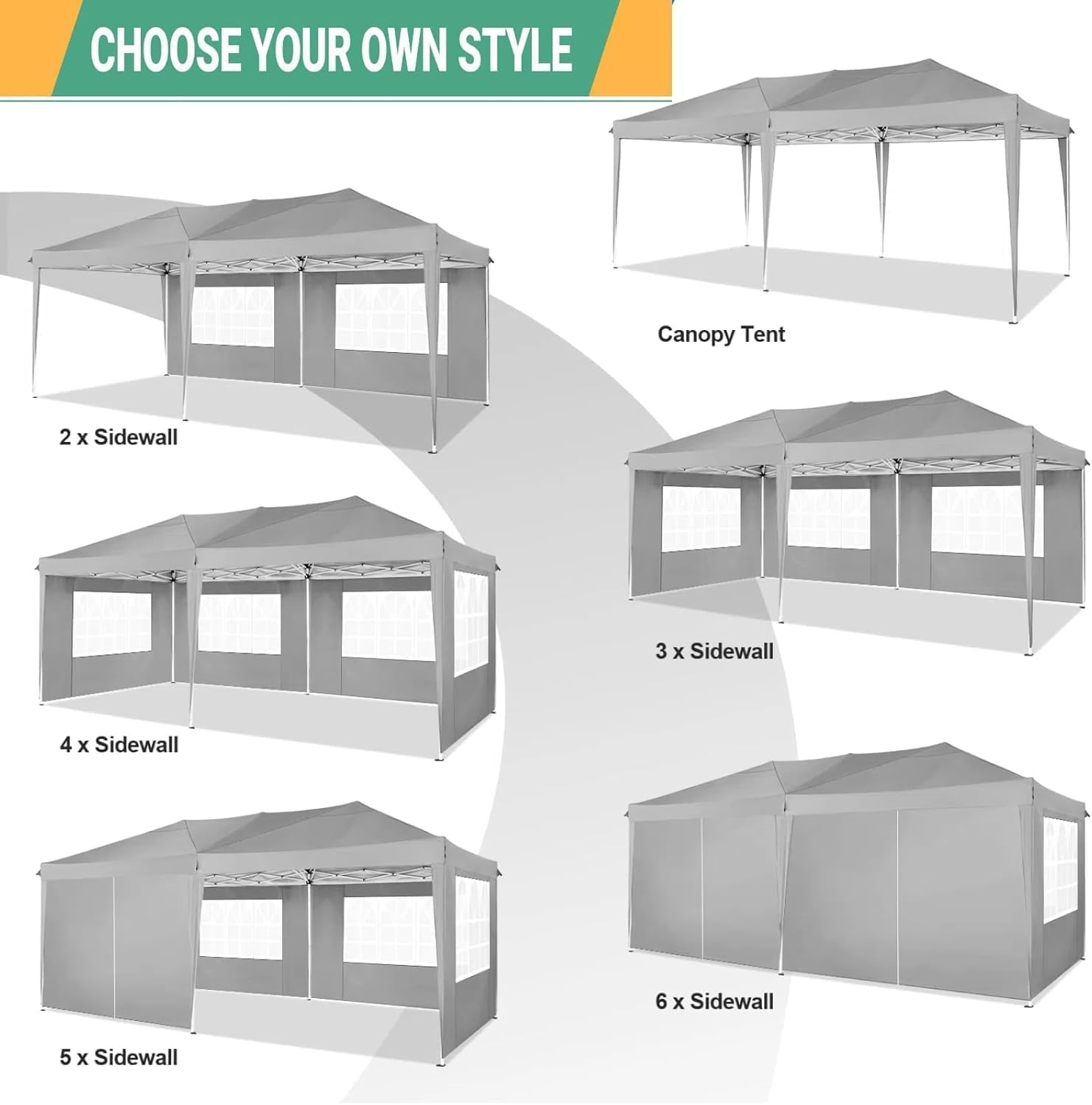 COBIZI Faltpavillon wasserdicht stabil Winterfest Pop up Pavillon 3 x 6 cm Faltbar mit 6 Seitenwnden UV-Schutz 50+ Festival Partyzelt 3 x 6 Zelt Gartenpavillon für Strand Hochzeit Picknick, Grau