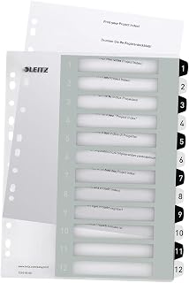 Leitz Register für A4, PC-beschriftbares Deckblatt und 12 Trennblätter, Taben mit Zahlenaufdruck 1-12, Überbreite, Weiß/Schwarz, Polypropylen, WOW, 12160000