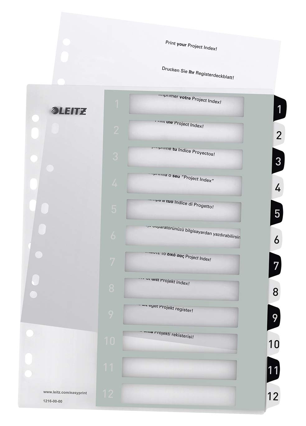 Intercalaires A4 Leitz 1-12 Imprimables Extra-Larges en Plastique Blanc/Noir