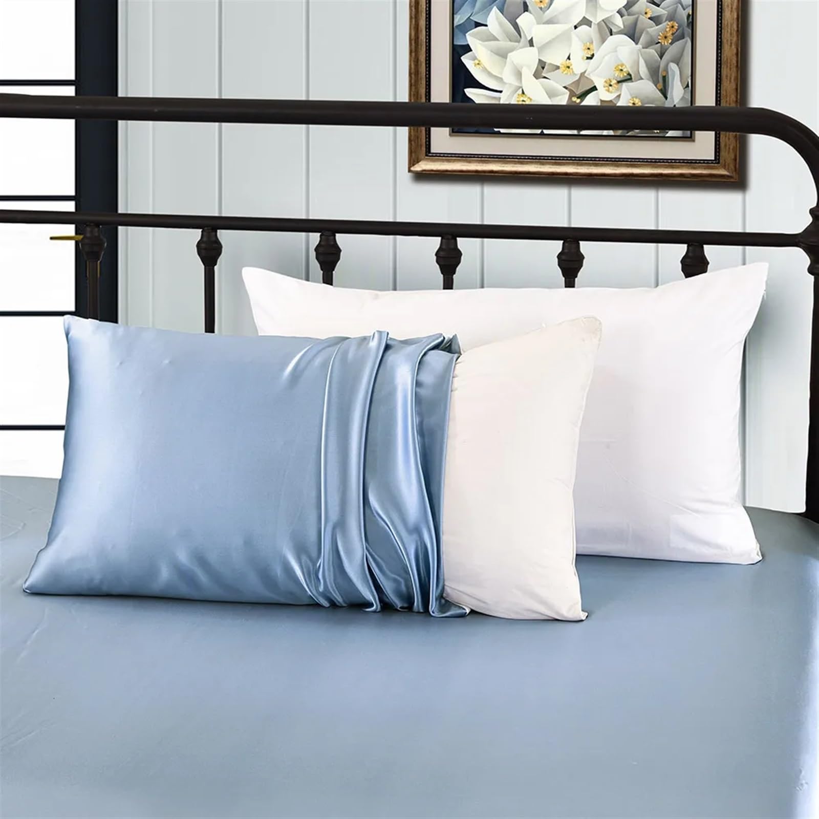 Funda de Almohada Seda con Algodón for Cabello 100 Puro Lujo Cremallera Oculta Hipoalergénica para Cuidado del Cabello(Light Blue,40x70cm)