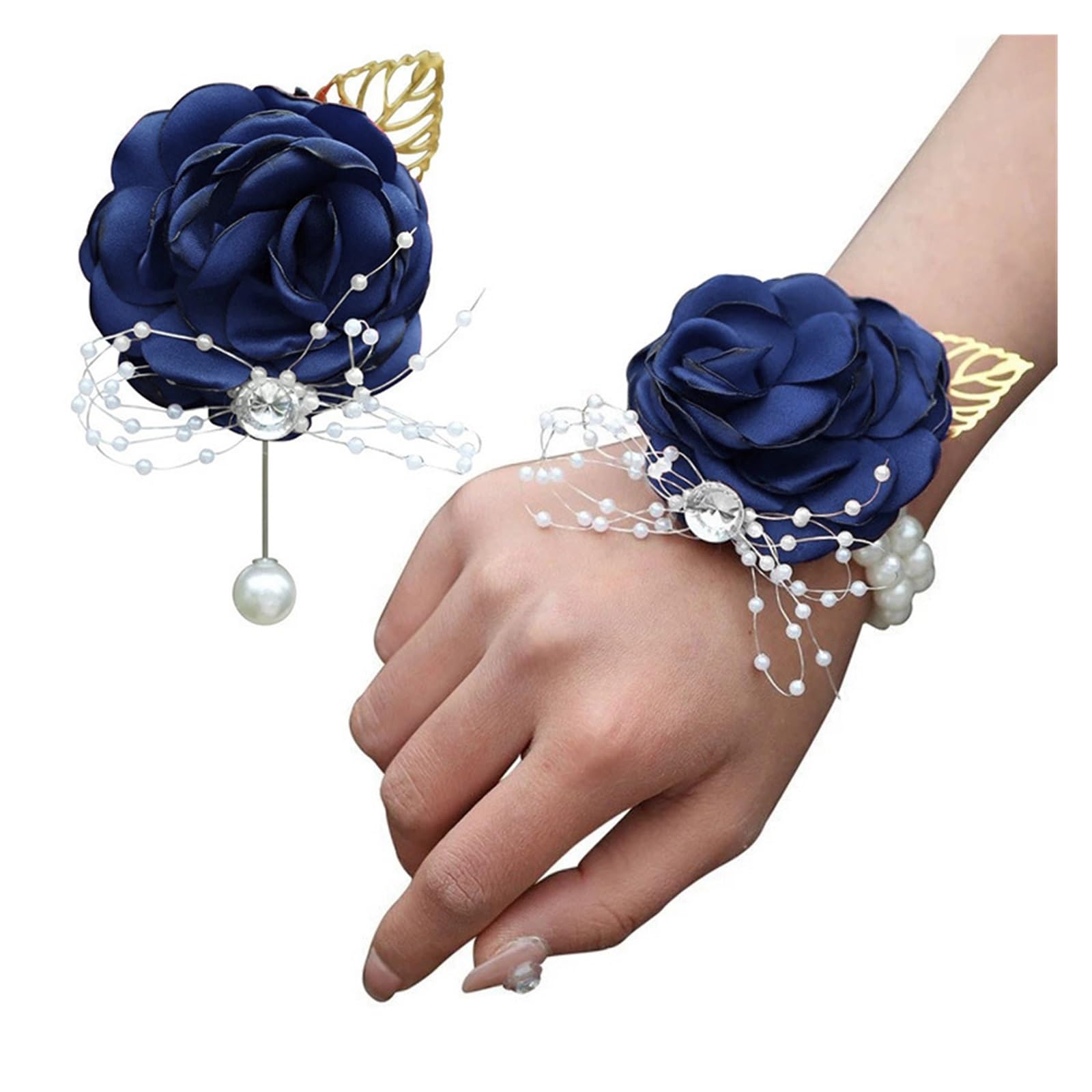 GHHZML Flower Wrist Corsage Gold Leaf Beaded Wrist Flower Pearl Rhinestone Bride Groom Pin Party Supplies Flower Bracelet for Wedding(Navy blue)