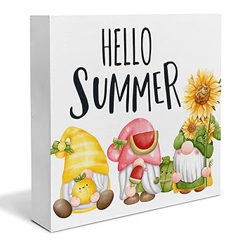 Hello Summer Wood Box Sign Desk Decor Lemon Watermelon Sunflower Gnomes Wood Block Sign Decor for Home Shelf Wall