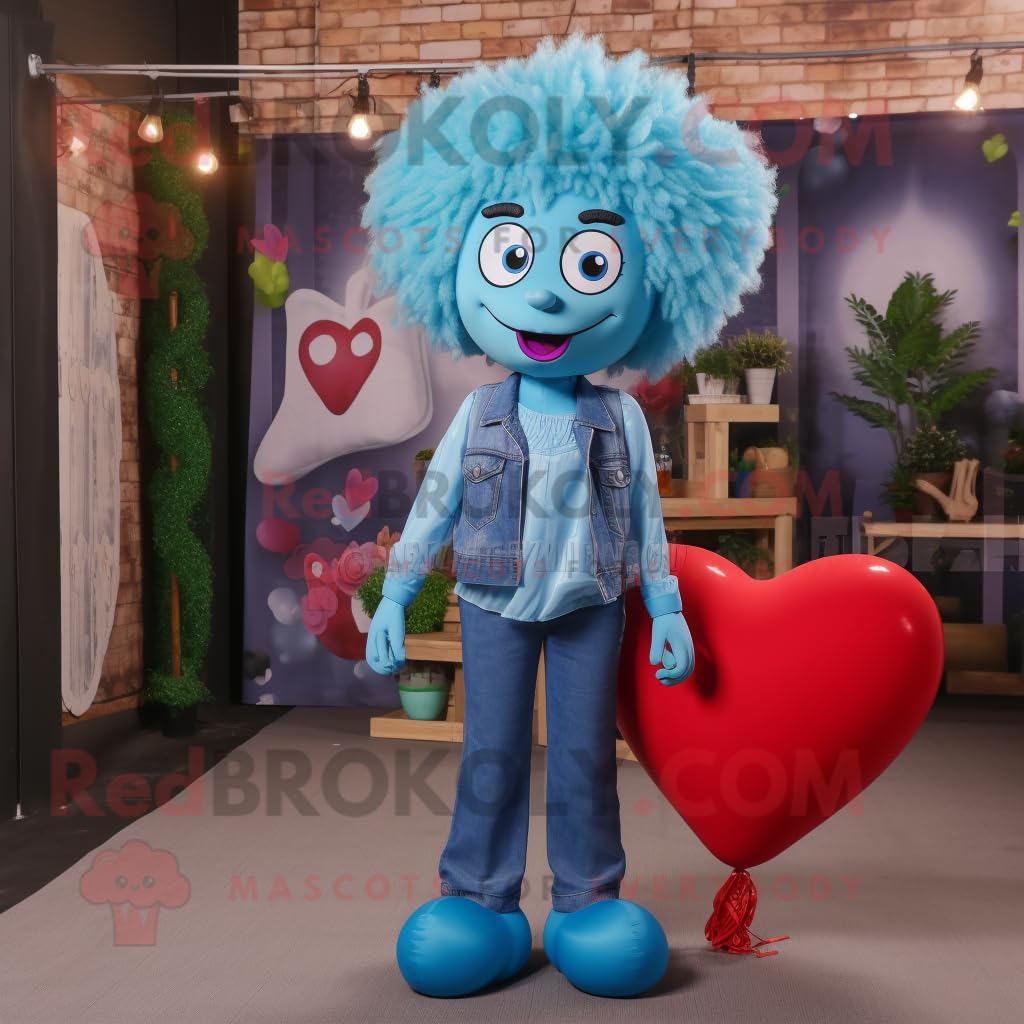 Ciano a forma di cuore palloncini mascotte costume personaggio vestito con una mamma jeans e collane