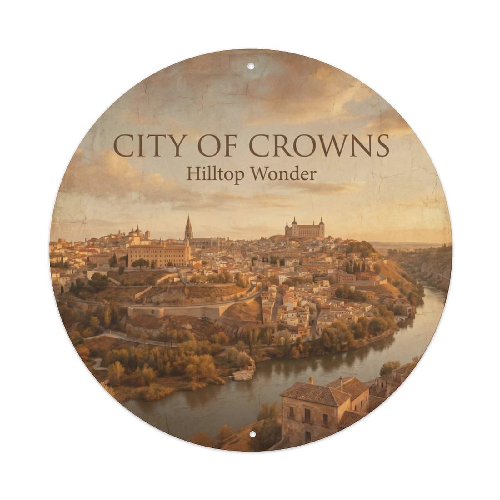 Vintage Travel Ancient Hilltop Crown Vintage Metal Tin Sign Plaque Wall Decor for Cafe, Club, Garden Round Metal Poster 8x8Inch