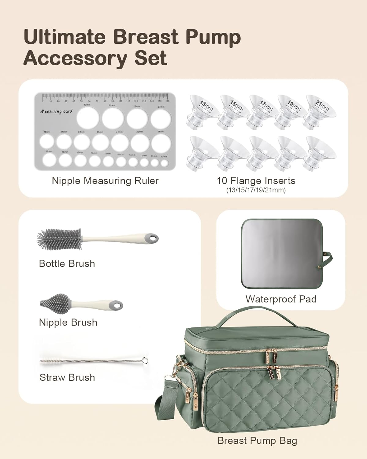 Breast Pump Bag Kit for Spectra S1/S2, Pumping Bag with Bottle Brush Set,10Pcs Flange Inserts for 24mm Flange, Nipple Ruler, Waterproof Mat, Pump Carrying Case for Work Travel, Sage Green