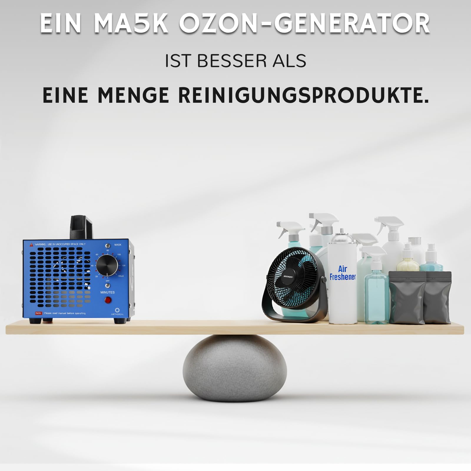 Airthereal MA5K Ozongenerator & Geruchsentferner mit 120-Minuten-Timer | Leichtes Design für Räume bis 185m². Ideal gegen Rauch, Tiergerüche & Schimmel in Auto, Keller oder Haus
