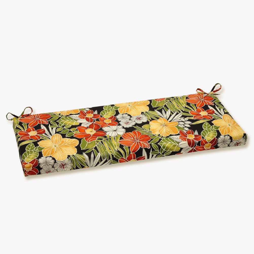 Pillow Perfect Tropic Floral Black/Green Clemens Indoor/Outdoor Chair and Sofa Setee Bench Cushion Set, Tufted and with Ties, Fade Resistant