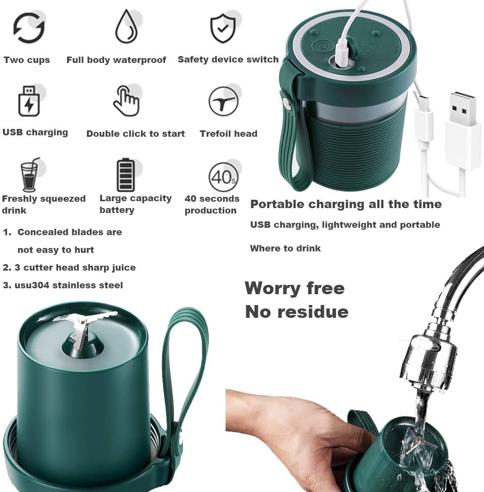 Portable Blender Cordless Personal Fruit Smoothie Juicer Cup 320ml USB Rechargeable Waterproof Mini Juice Mixer Fruit Blender Cup for Home Office Travel Outdoors Sports BPA Free Tritan (Grey)