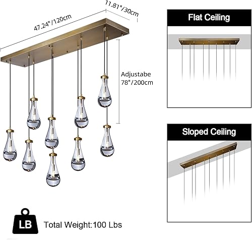 Miniatura 3 de Joyunleo Raindrop - Candelabros de 9 luces para comedor, luces doradas para comedor, lámparas colgantes de latón, isla de cocina, cuerda ajustable
