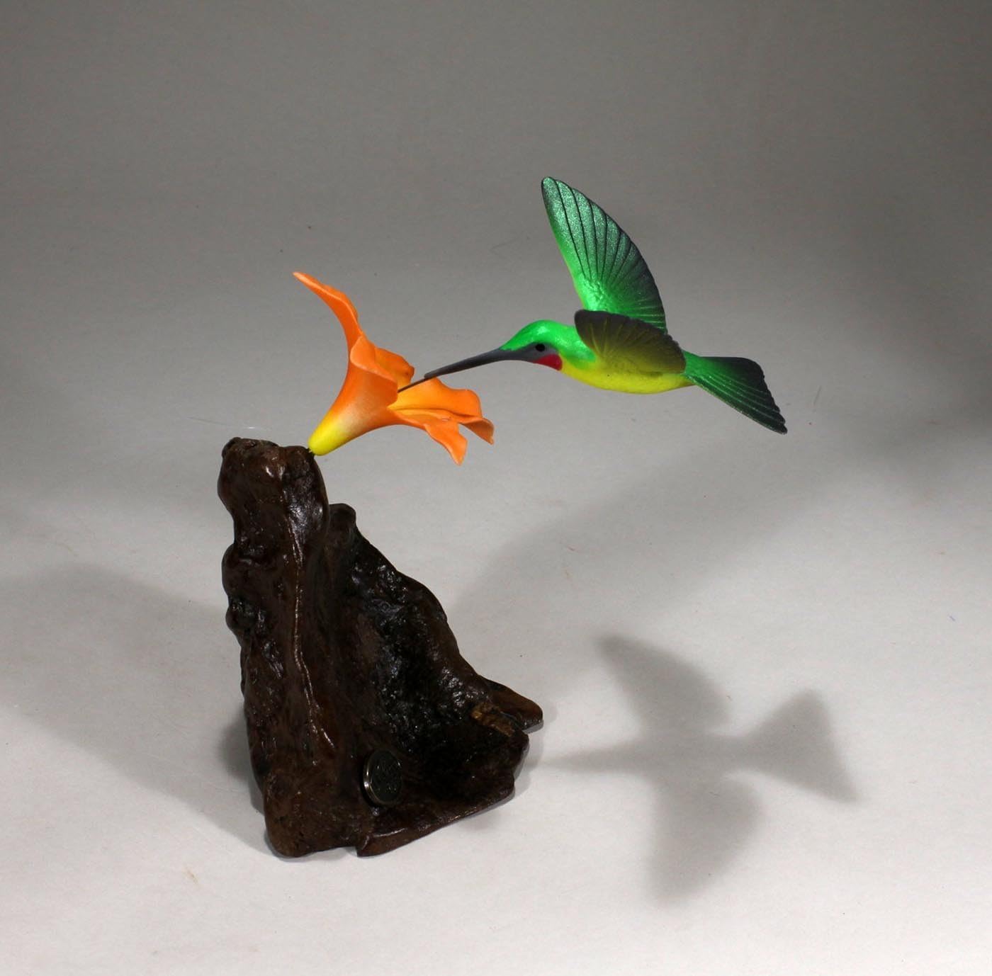 Hummingbird Sculpture w/Orange Flower by John Perry on Burl Wood 5in Wing Span. Signed