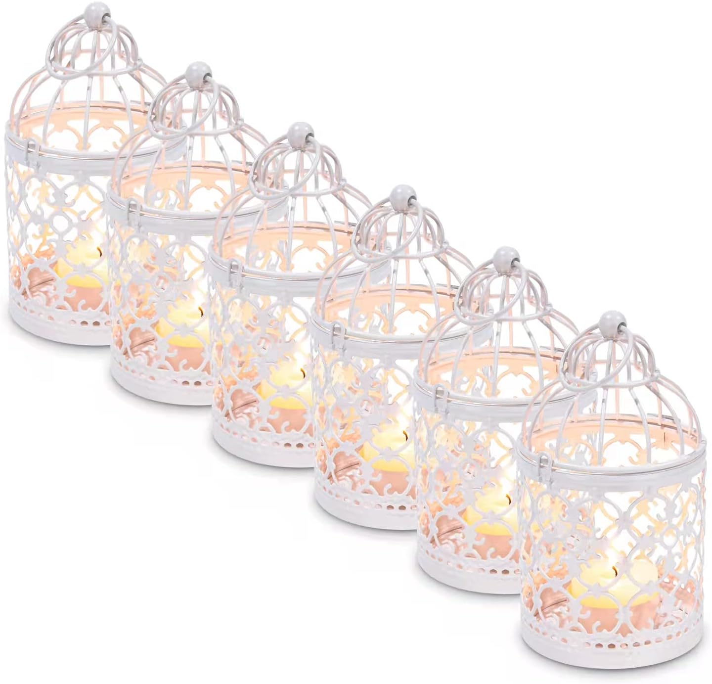 SHOWLOUE 6PCS Hanging Birdcage Lanterns - Vintage Metal Tealight Holders for Wedding, Halloween, Christmas Table Centerpieces