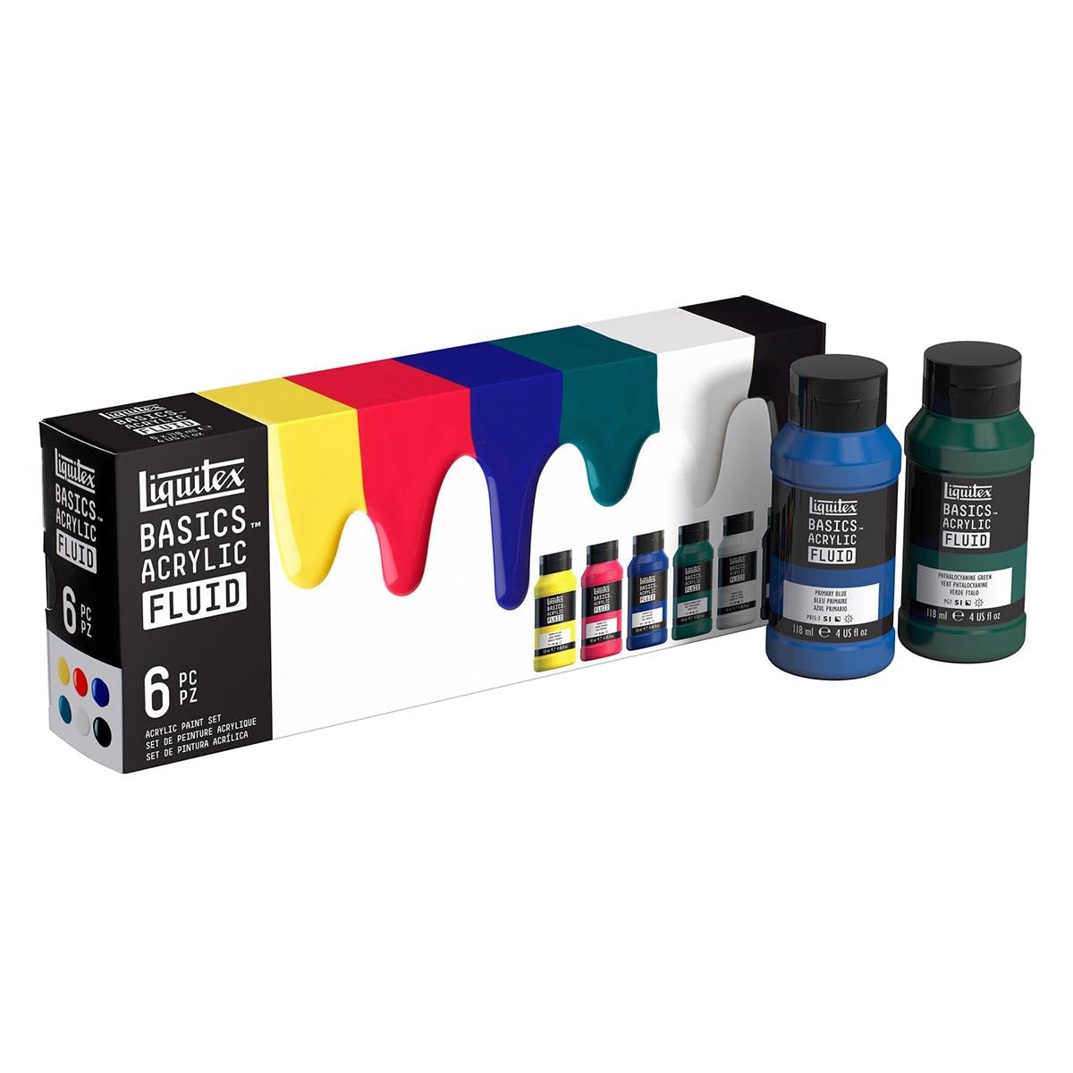 Liquitex 3699431 Basics Fluid - Set acylique - Peinture acrylique à consistance fluide, à séchage rapide, résistante à la lumière, imperméable, à base d'eau, 12 couleurs en flacons de 118 ml