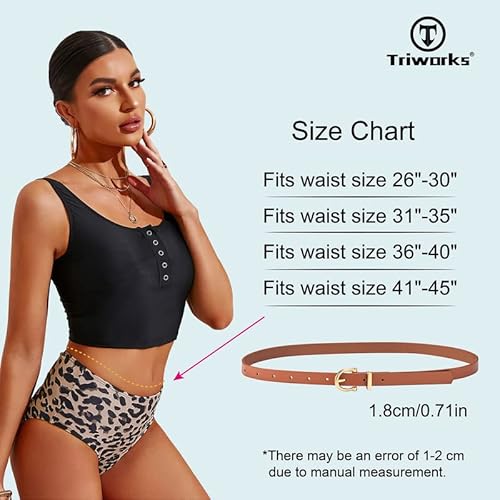 Triworks 2 Pack Women Skinny Leather Belts Fashion Gold Buckle Thin Waist Belt For Pants Jeans Dresses Black/Brown #TOP6