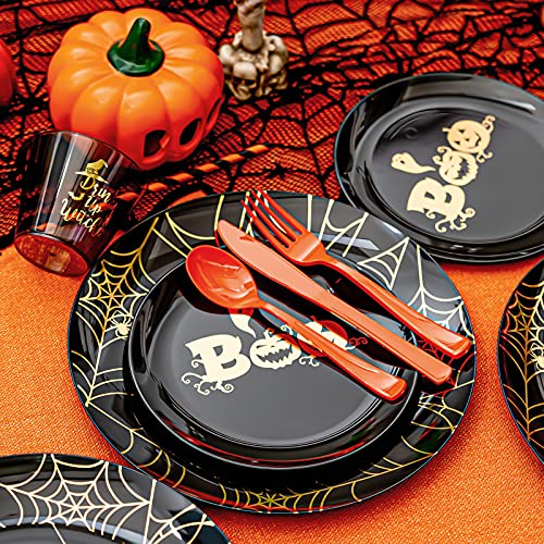 175Pcs Halloween Black Plastic Plates With Gold Spider Web & Smiley Pumpkin, Orange Disposable Cutlery, Gold Witch Printed Black Cups And Paper Straws Ideal For Halloween Party, Serve For 25 Guests #TOP5
