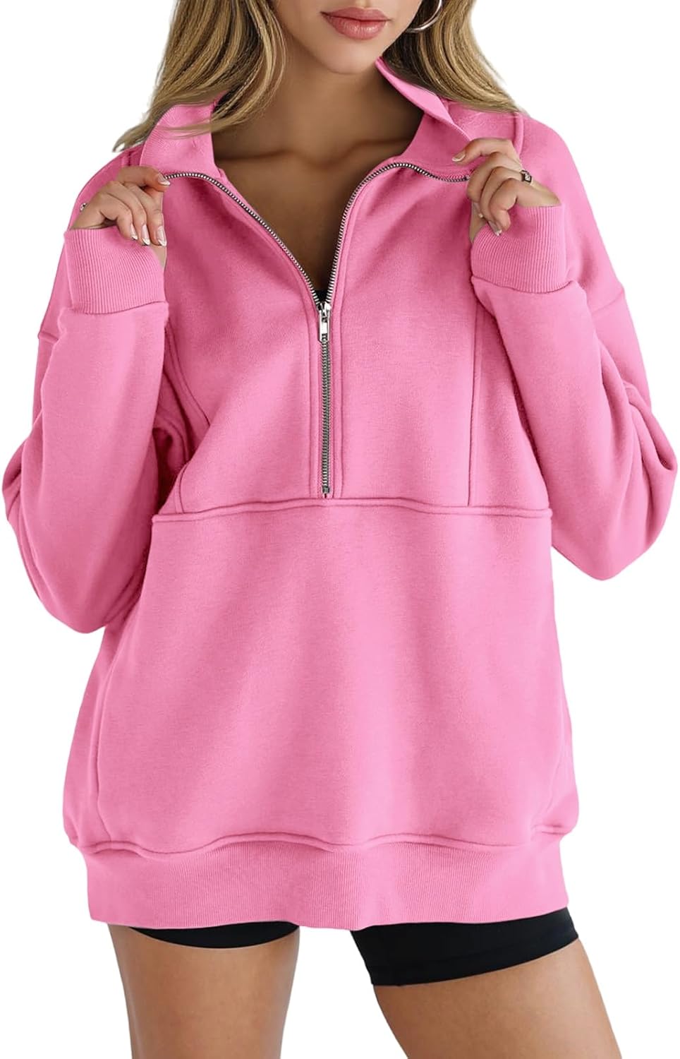 Women's Half Zip Sweatshirts Fleece Stand Collar Long Sleeve Thumb Hole Oversized Pullovers with Pockets