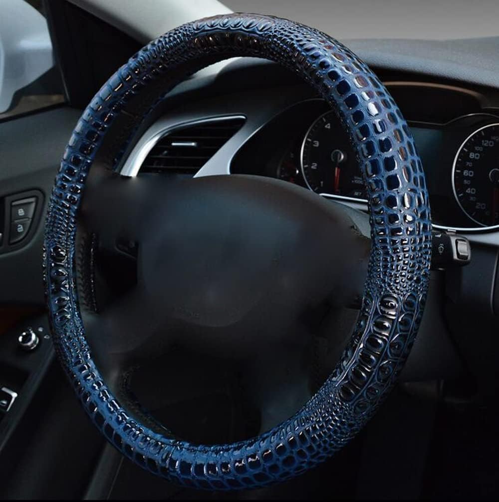 GZE Comfort Leather 38Cm/15 Inch Universal Steering Wheel Cover Crocodile Pattern for Four Season Auto Interior Supplies Car Wheel Covers (Blue)