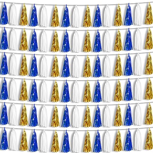 6P Navy-Blue White-Gold Foil Fringe Metallic Tassel-Garland, Tassels Banner Streamers for Parade Floats, Bachelorette, Wedding, Birthday, Graduation, Christmas, Bridal/Baby Shower Party Decorations