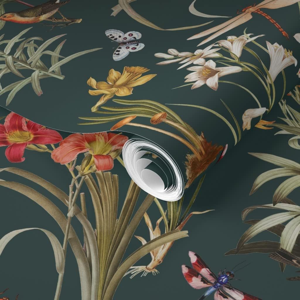 Spoonflower Removable Wallpaper Swatch - Garden Dragonflies Large Dragonfly Dark Floral Custom Pre-Pasted Wallpaper