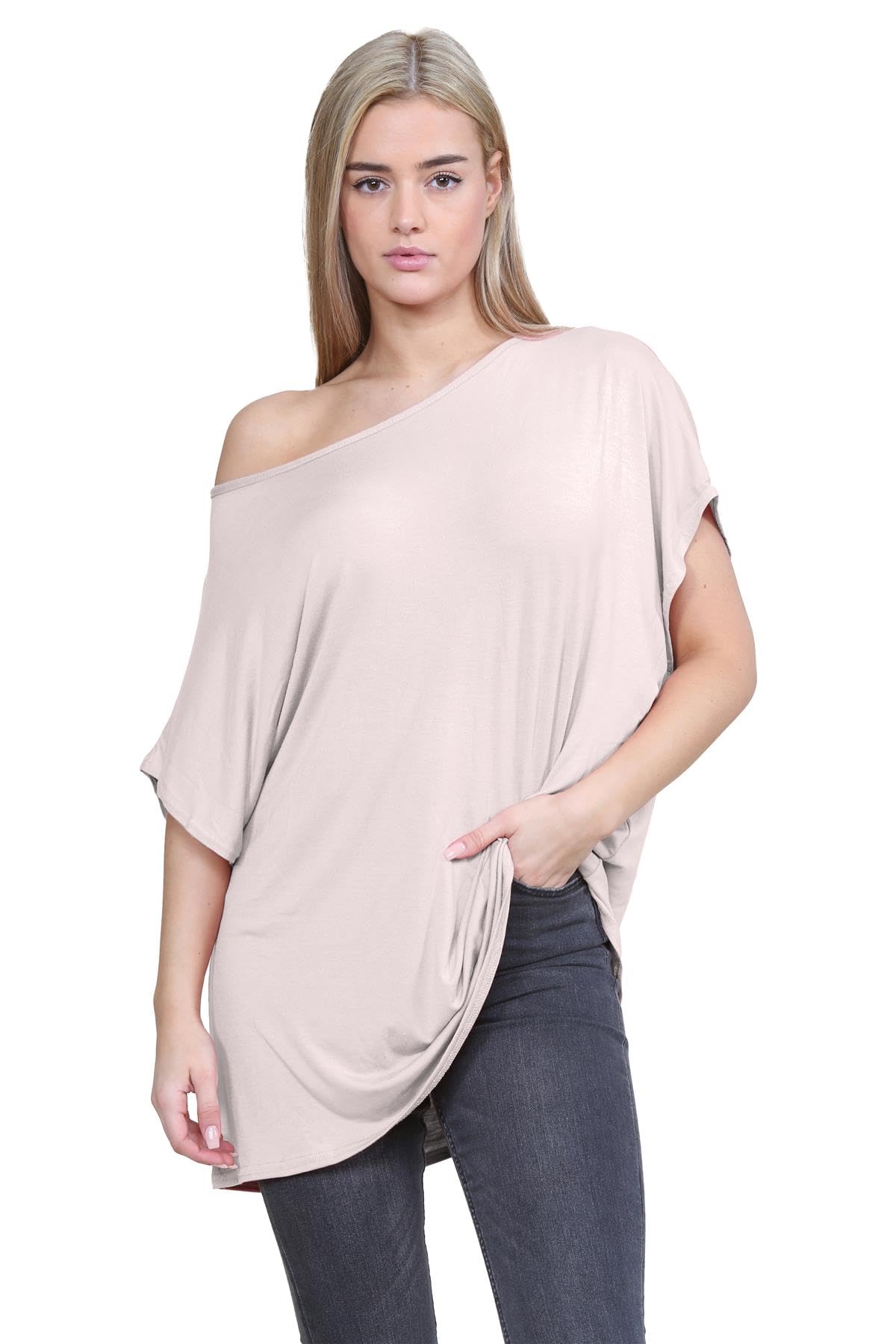 Hamishkane Women's Nude Hamishkane® Bardot Baggy Style Oversized T Shirt For - New Plain Off The Shoulder Batwing Top, Fashionable Tops For Casual Party Wear