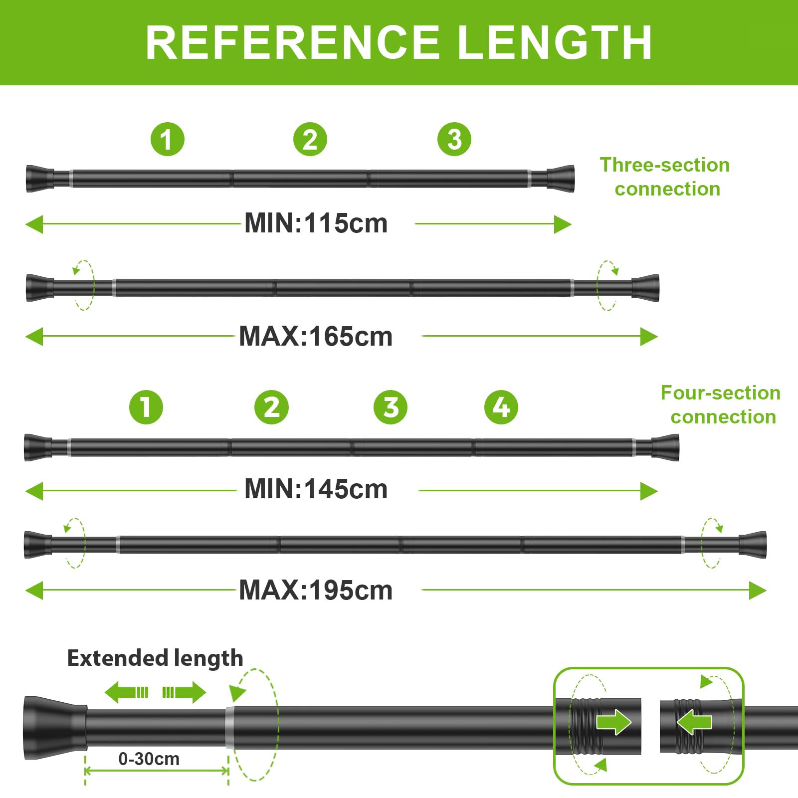 Black Shower Curtain Pole Extendable Curtain Poles 115-195 cm Net Curtain Rod Tension Rods for Curtains Shower Curtain Rod Telescopic Curtain Pole No Drilling Spring Rod for Windows,Bathroom - Image 2