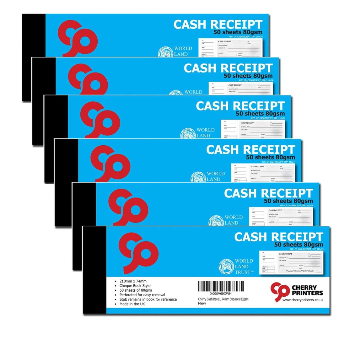 Cherry Printers | Cash Receipt Book - Cheque Book Style with stub 210mm x 74mm | 50pages 80gsm | 6 Pack