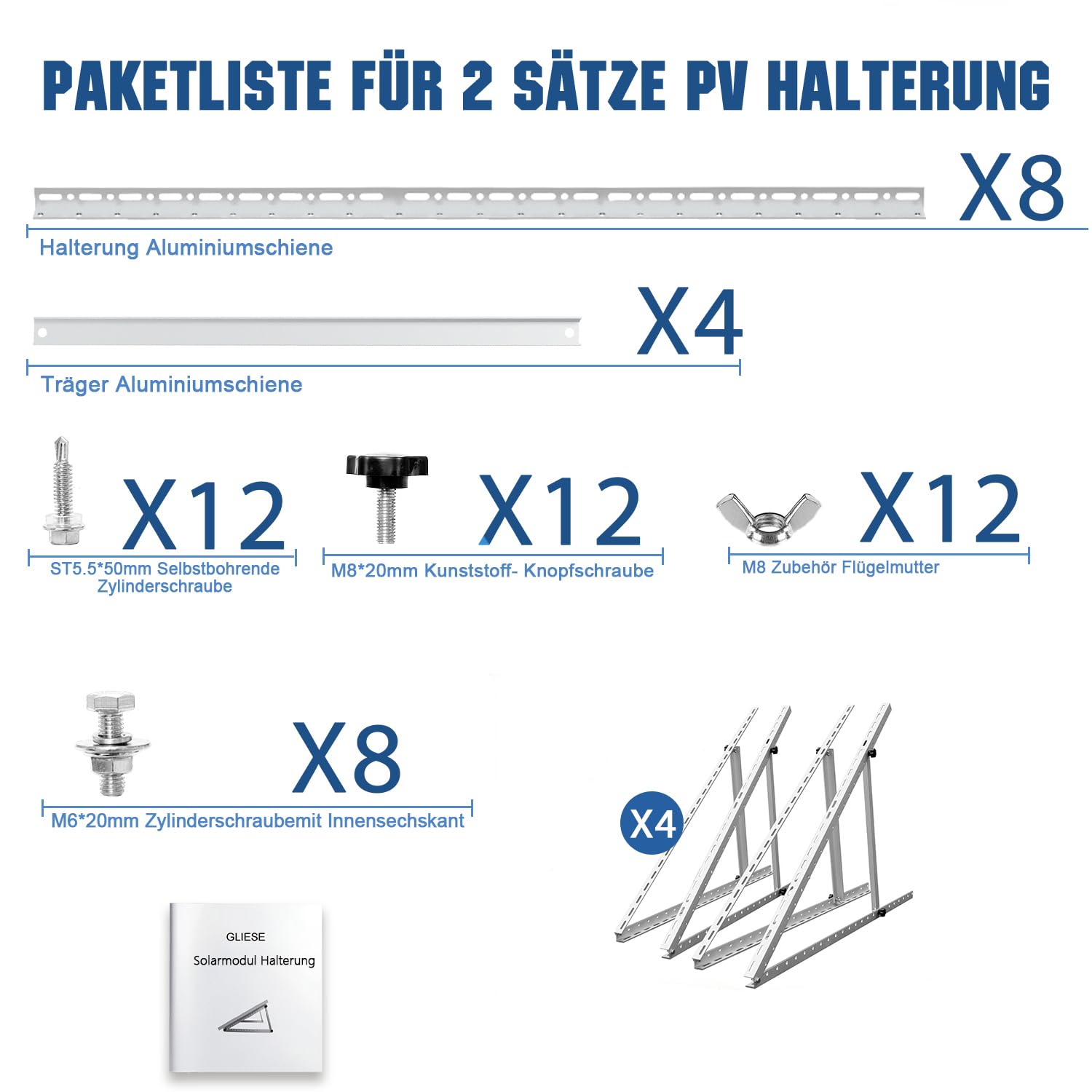 GLIESE® Solarmodul Halterung 114 cm 2 Sets | Balkonkraftwerk Solarpanel Halterung aus Aluminium | Solarmodul Montageset Verstellbarer Winkel von 0°-90° | Für Flachdach, Garten & Wand | 0% MwSt.