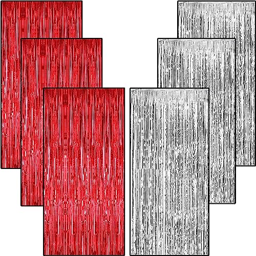 Image of TOYXE 6 Pieces Foil Fringe Tinsel Party Curtains for Photo Backdrop (RED-SILVER) | Fringe Curtains for Decoration | Foil Curtains for Birthday Decoration, Anniversary, Bachelorette, Valentines Day