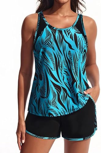 Hanna Nikole Tankini Damen Set Badeanzug Bauchweg Zweiteilig Push Up Eingearbeiteter BH Bademode und Eingearbeitetes Höschen High Waist Badeshorts Mit Taschen Verstellbare Schwimma