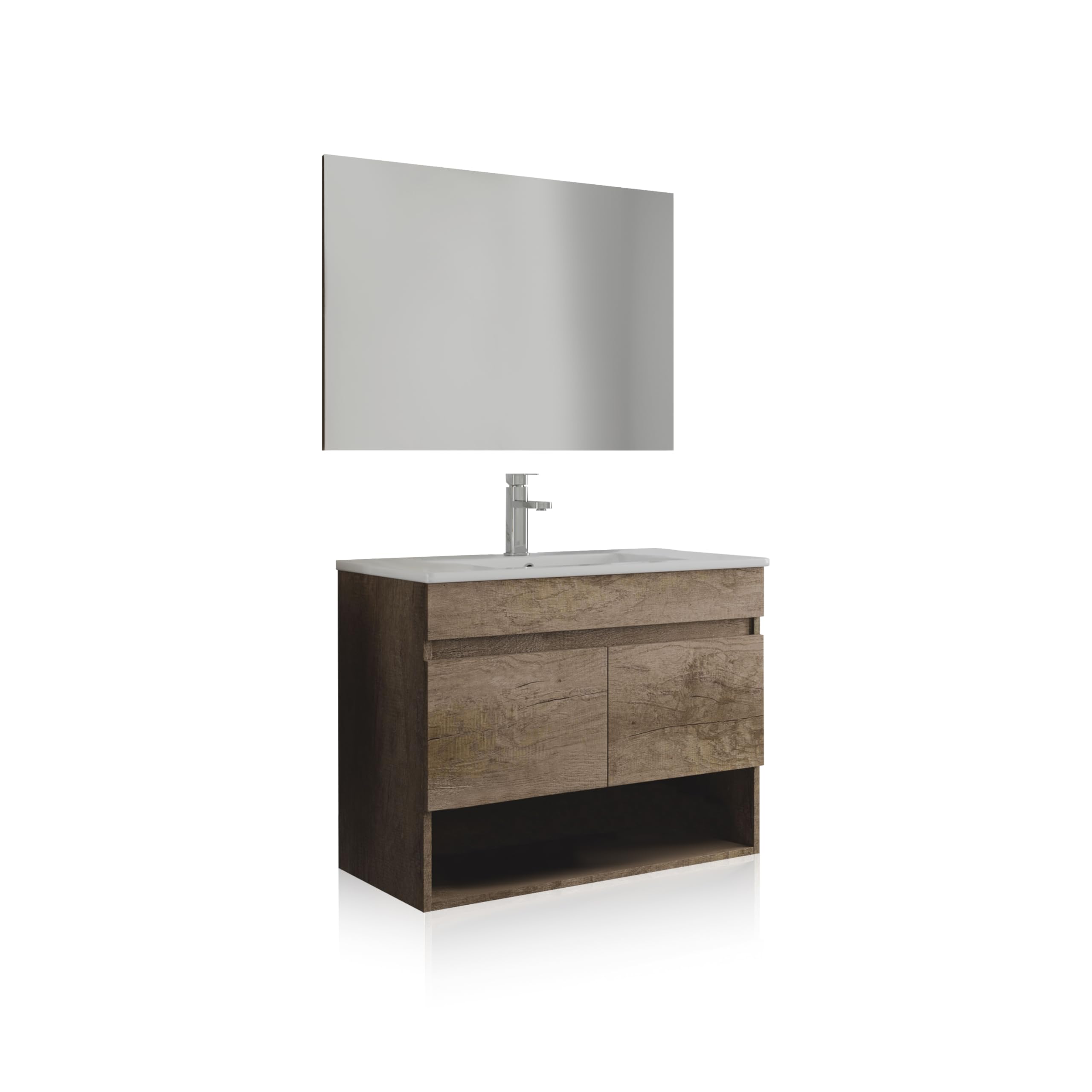 duehome | Mueble de Baño Suspendido con 2 Puertas, Espejo y Lavabo Cerámico, Modulo Colgante, Modelo Thai, Acabado en Nordik, Medidas: 80 cm (Ancho) x 64 cm (Alto) x 45 cm (Fondo)