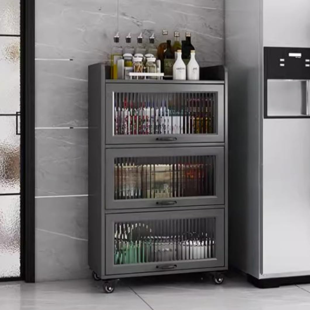 YVYKFZD Rolling Spice Rack, Slim Storage Cart, Mobile Kitchen Utility Cart with Wheels and Tempered Glass Doors, Narrow Standing Shelf, Space Saving Bathroom Organizer(Gray,4 Tier 23.6"x15.7"x50.5")
