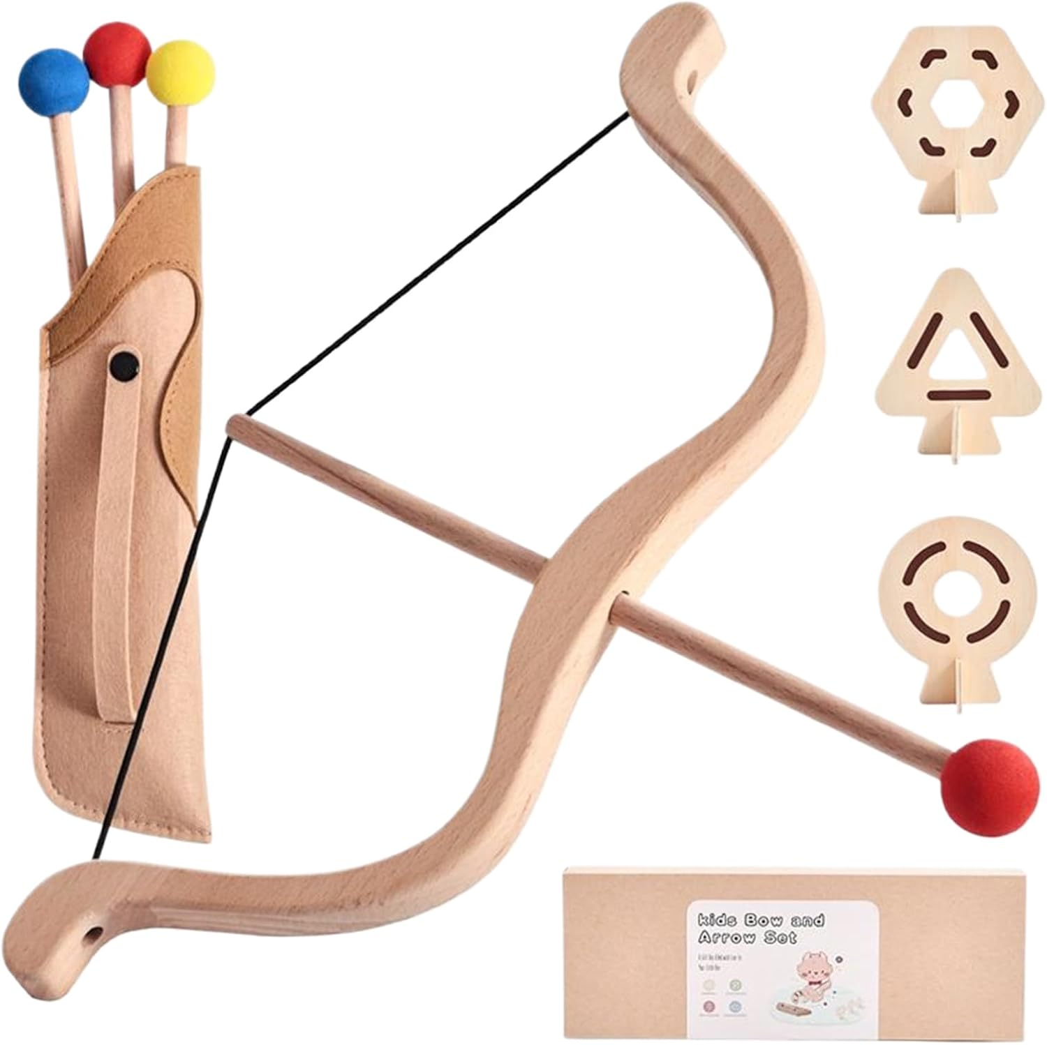 Kids Bow Set, Wooden Bow Set Kids, Wooden Bows Toy for Boys & Girls Aged 3-7, with Portable Storage Bag & 3 Targets, for Family Interaction, Garden, Skill Practice