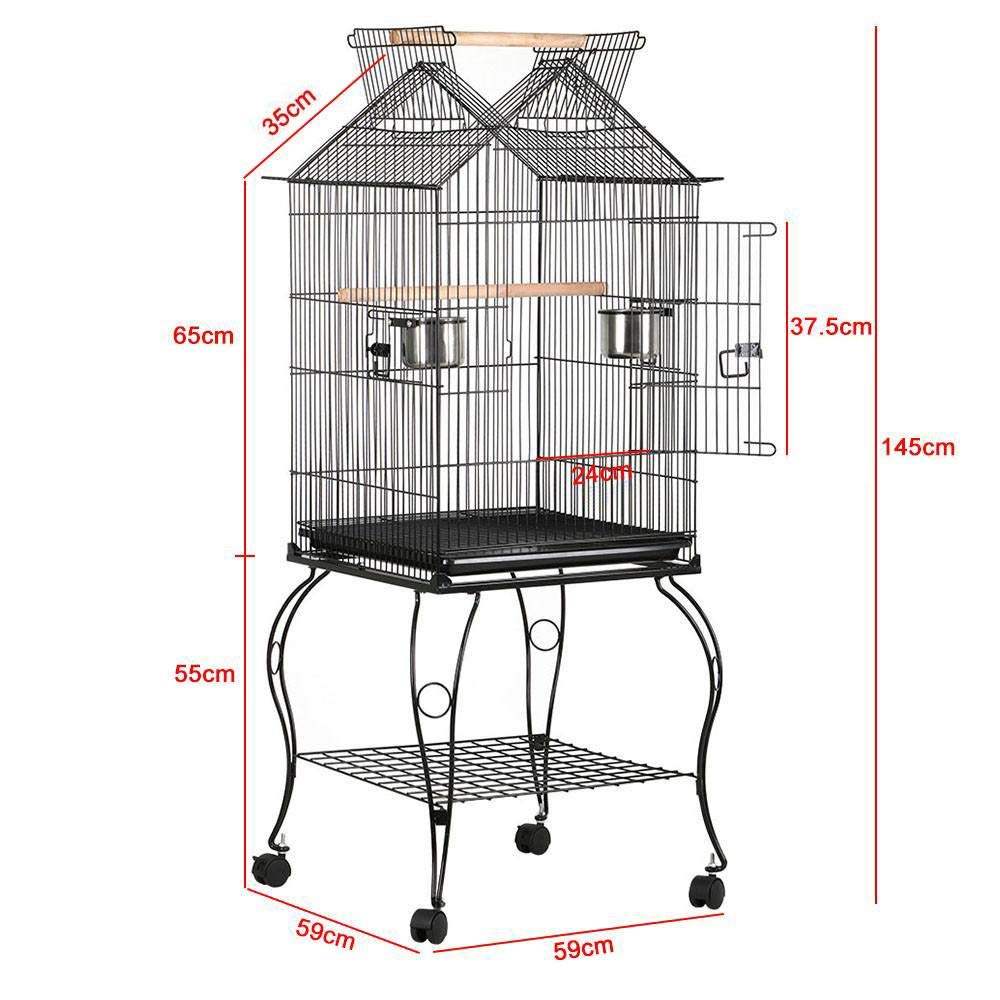 Yaheetech Jaula para Pájaros de Acero Inoxidable, Negro, Jaula con Ruedas Soporte Comedero 59 x 59 x 145 cm