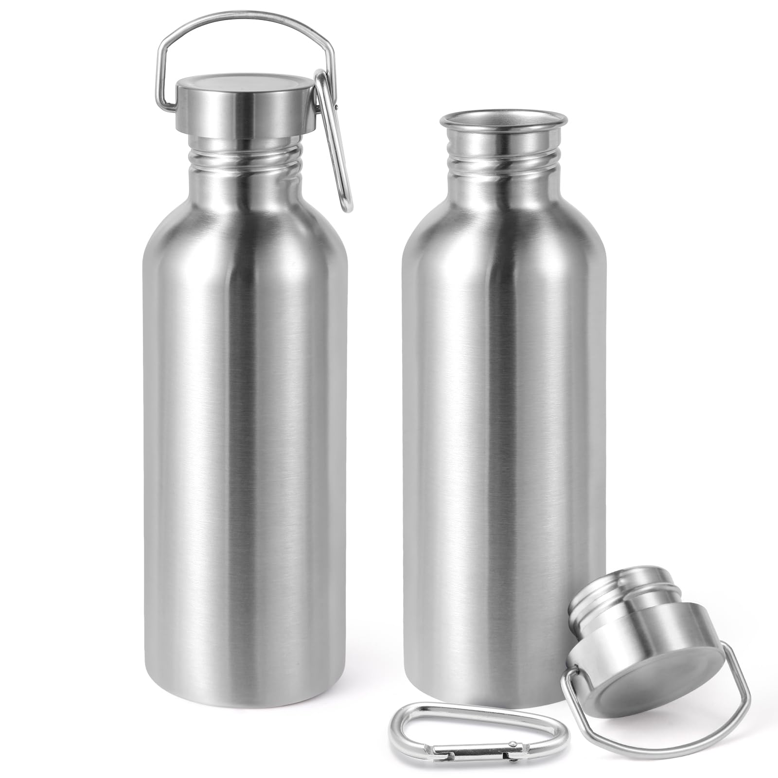 Volhoply 1000ml Uninsulated Single Walled Water Bottles 2 Pack, Stainless Steel Sports Water Bottle with Handle & Carabiner, BPA Free Lightweight Water Bottles for Hiking, Running（Silver,2）