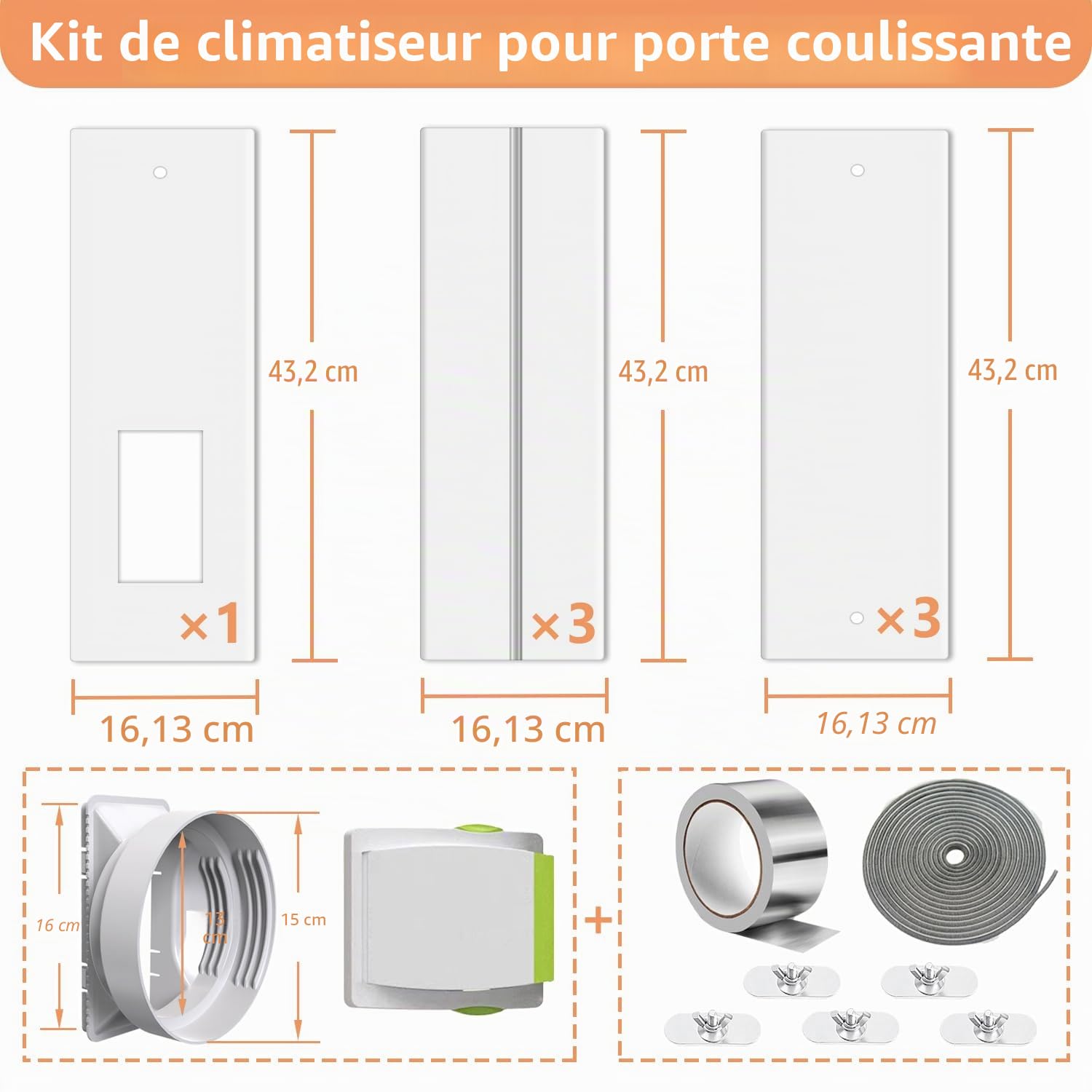 Kit Calfeutrage Fenêtre Climatisation réglable 260cm + Raccord Universel adaptateur 13/15cm,calfeutrage porte fenêtre climatiseur filtre écran, Iso. Thermo/Acoustique, Évac. Chaud, Démontable