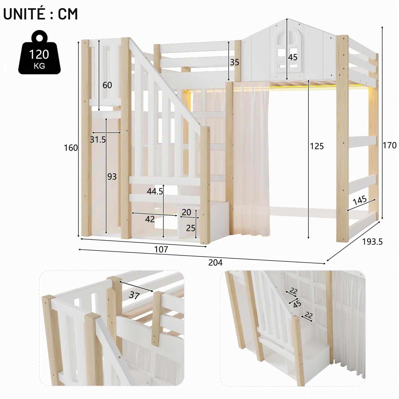 Lit Mezzanine, Cadre de lit pour Adolescent avec éclairage LED, Design de Style fenêtre, échelle de Rangement, Compartiments de Rangement Ouverts, Matelas Non Inclus (140x200cm)
