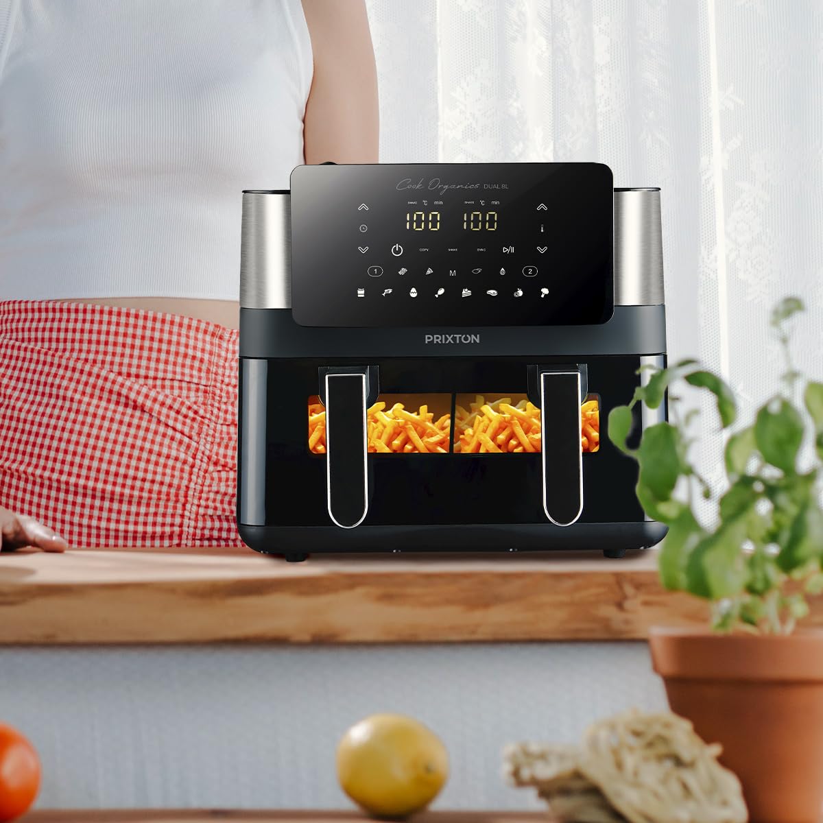 PRIXTON Freidora de aire sin aceite 8 litros con doble compartimento Cook Organics Dual, Ventana transparente, Iluminación interior, Pantalla táctil, Pared Divisoria (Reacondicionado)
