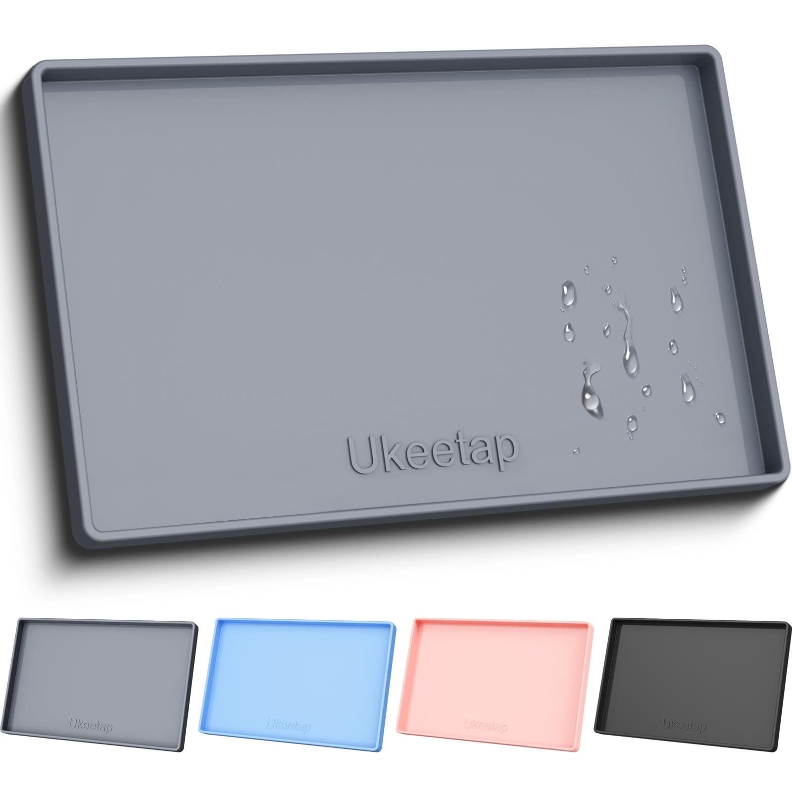 ukeetap extra thick silicone mat waterproof with raised edge 19” x 12”, bpa free non-slip dog & cat food mat, feeding mat for food and water bowls, spill proof mat to protect floors, gray
