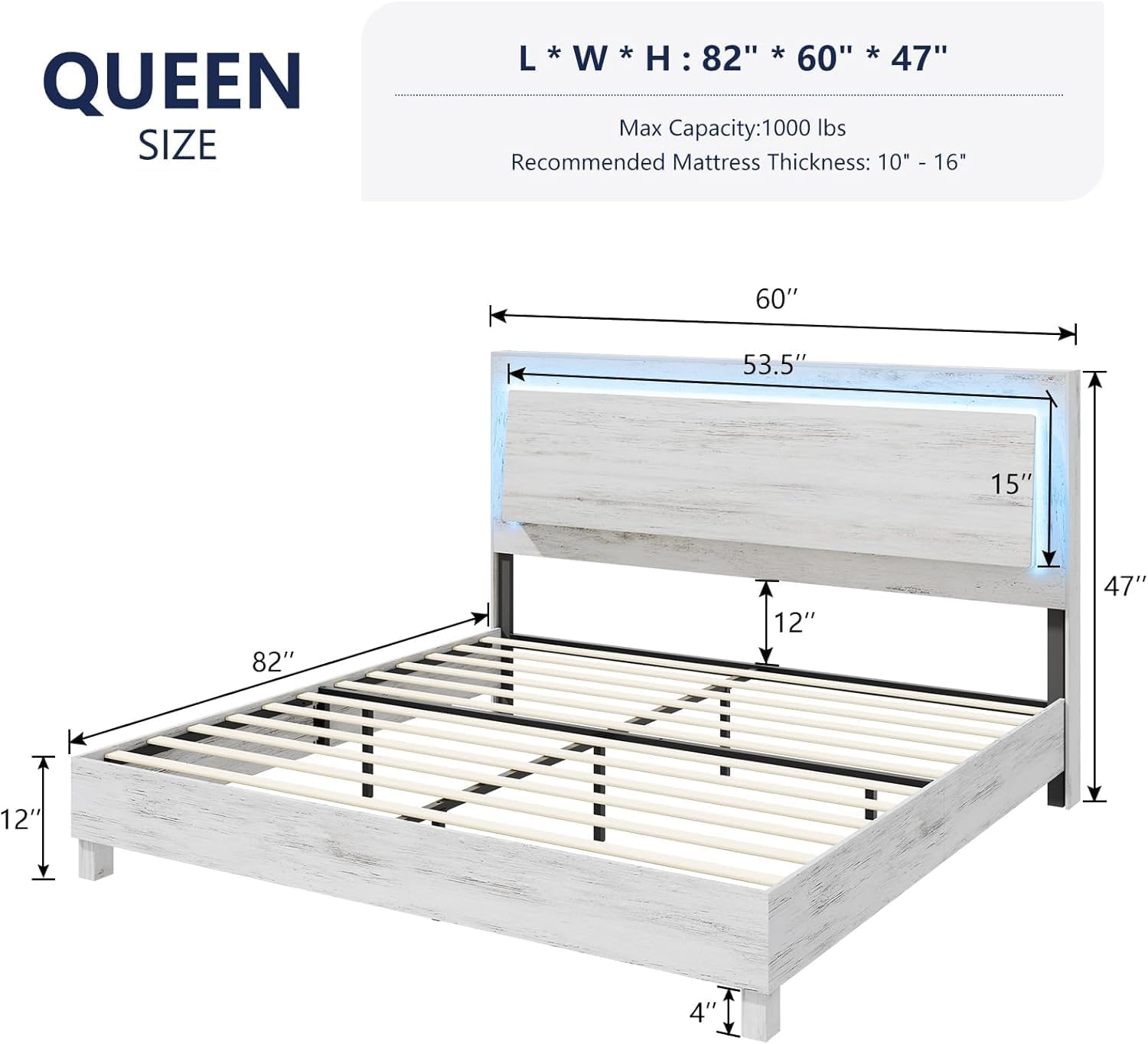LUXOAK Queen Size Wood Bed Frame with RGBW LED Light, Mid-Century Modern Platform Bed with Floating Headboard and Solid Wood Legs, No Box Spring Needed, Easy Assembly, Distressed White