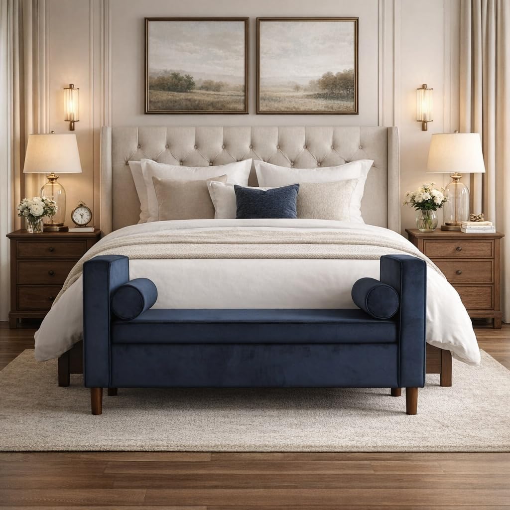 HomePop Home Decor | Upholstered Modern Storage Ottoman Bench with Pillows | Ottoman Bench with Storage for Living Room & Bedroom | Decorative Home Furniture (Navy)