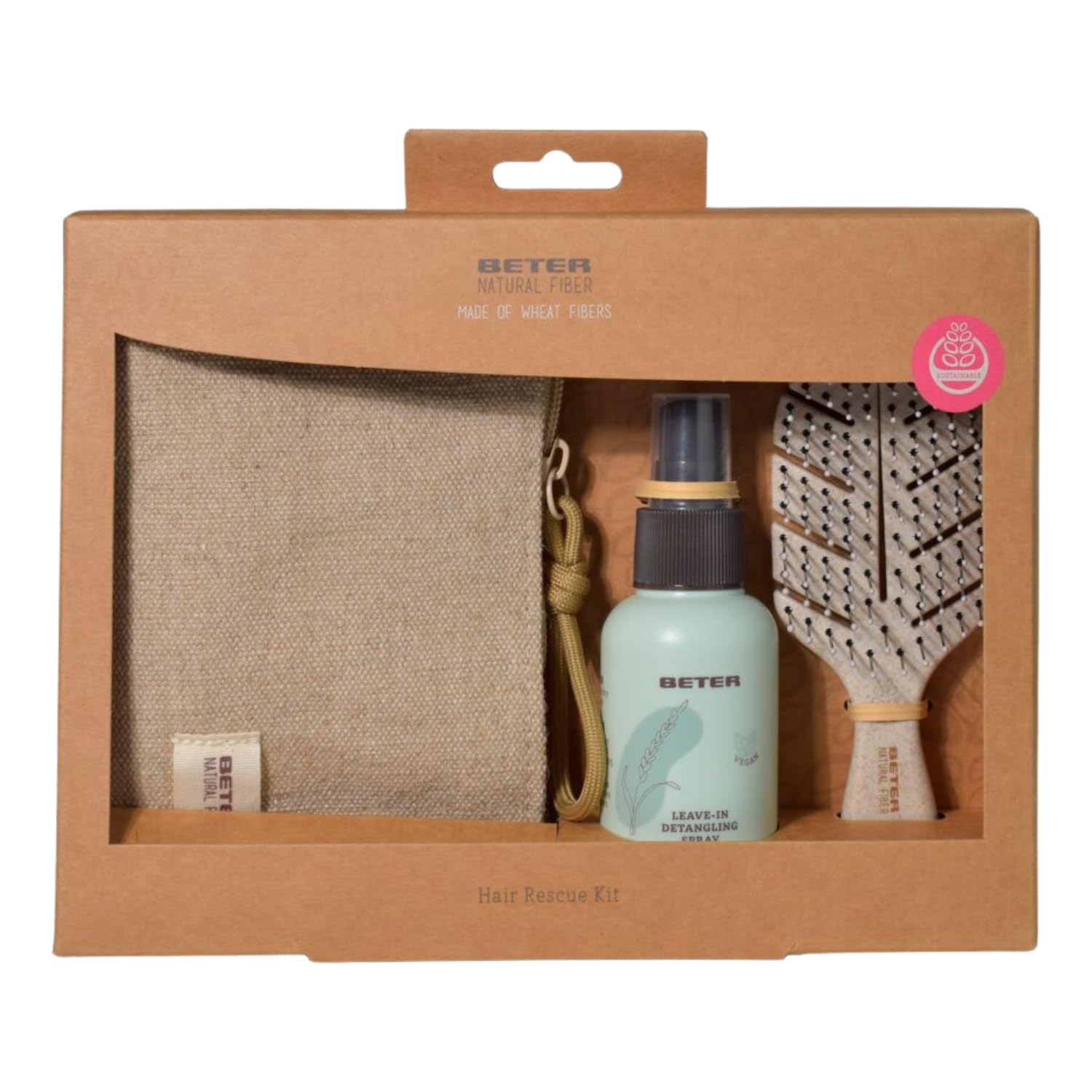 Beter – 3-teiliges Set „Hair Rescue Natural Fiber“ (Mini-Entwirrbürste + Leave-in Entwirrungsspray + Kosmetiktasche), für weiches, gepflegtes und glänzendes Haar, Pfirsichduft.