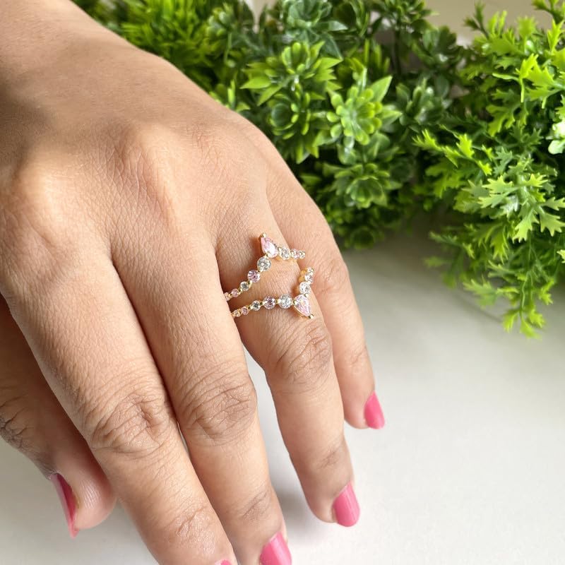 Alternate Pink Sapphire & White Diamond Contour V Shape Enhancer Guard For Women, 14K Gold Plated 925 Silver September Birthstone Pink Sapphire Chevron V Shape Enhancer Wrap Guard Matching Band