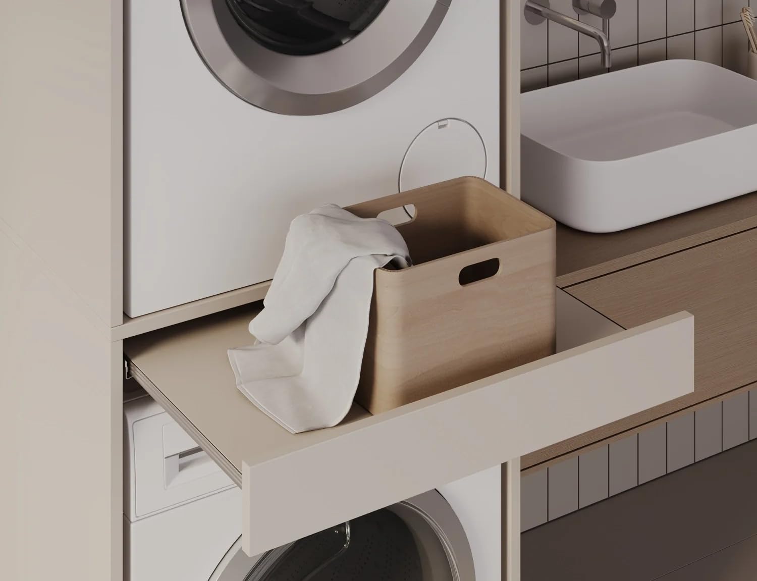 PLATAN Room Lavatrice asciugatrice con ripiano estraibile • Armadio sovrapiano 187 x 65 x 66 cm (cashmere)