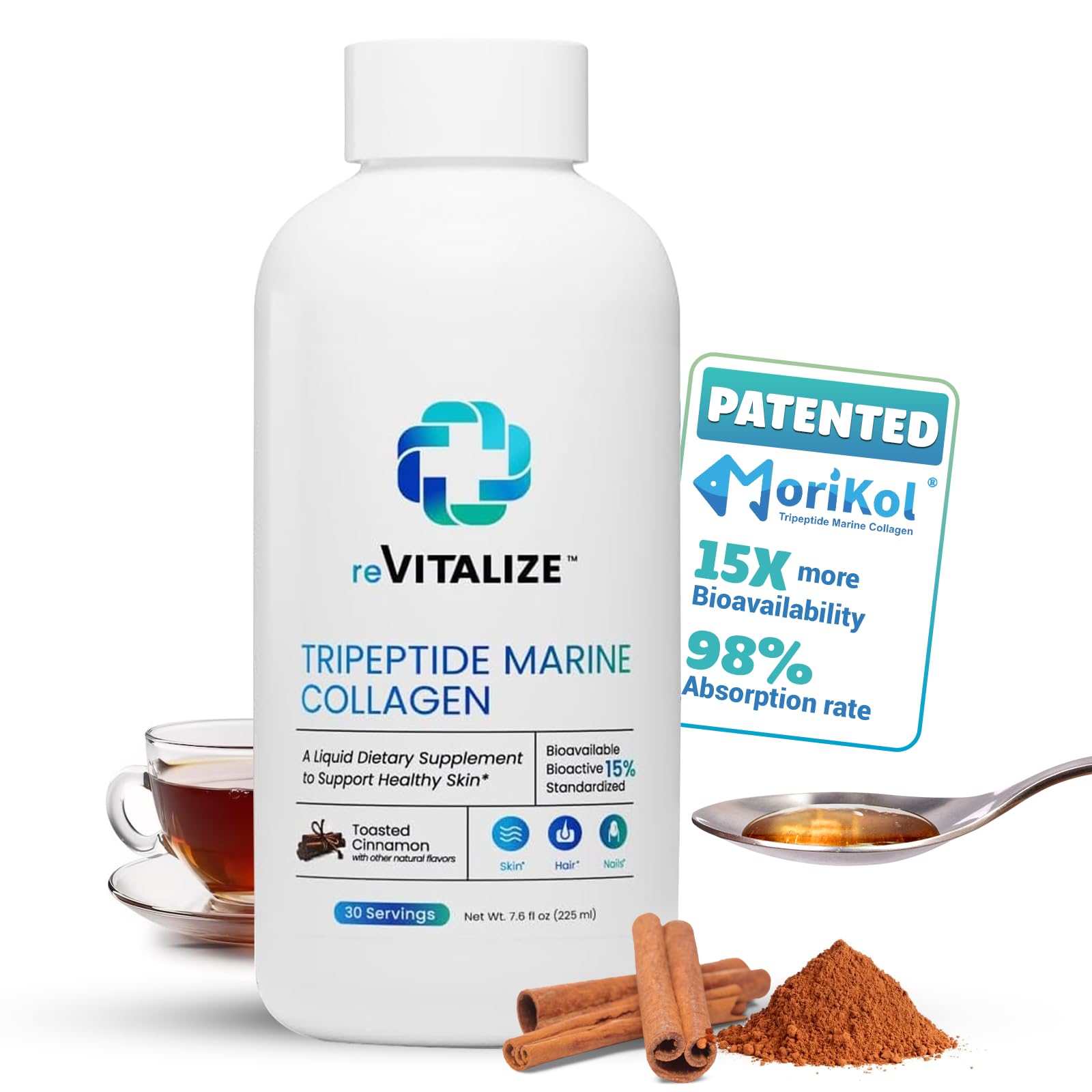 Liquid Collagen for Women and Men - 1000mg Hydrolyzed Peptides with 15% Tripeptides | Fast-Absorbing Anti-Aging Formula for Skin Renewal, Hair Growth and Joint Support | 30-Day Supply Cinnamon Flavor